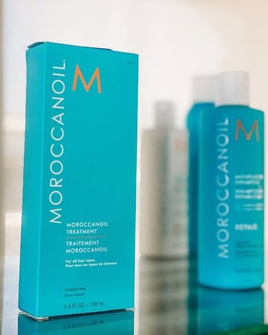 Moroccanoil treatment and shampoo on the salon shelf